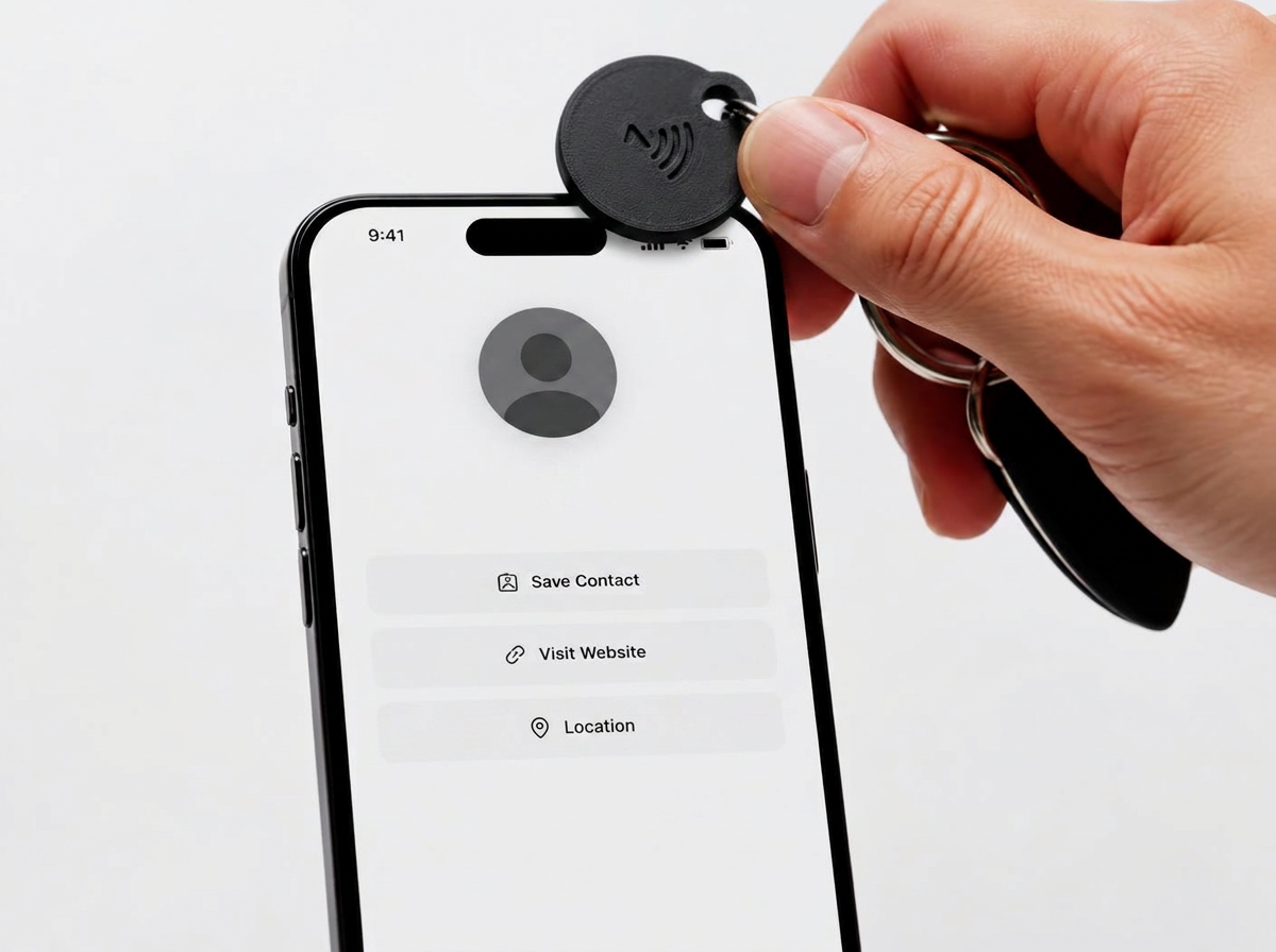 NFC-Schlüsselanhänger wird an die Oberseite eines Smartphones gehalten